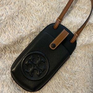 Tory Burch Black and Brown Leather Phone Pouch